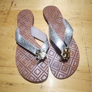 TORY BURCH sz 9 Thora Flat Thong Sandals Flip Flops Gold Leather
